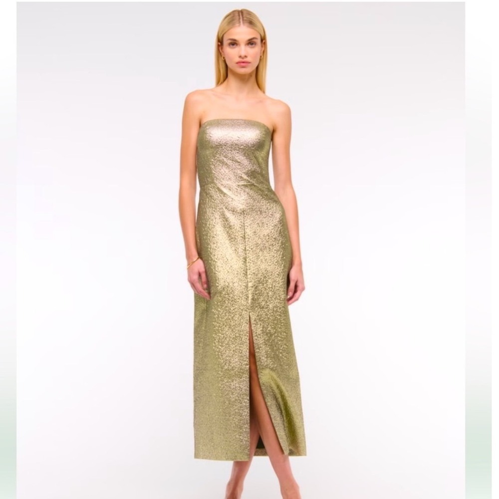 Abercrombie & Fitch Gold Midi Dress Womens XS Petite Strapless Metallic Slit NWT